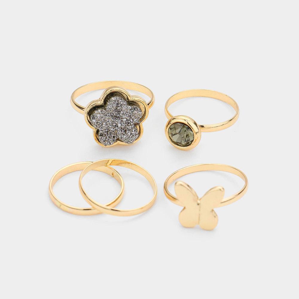 Hematite 5PCS Round Stone Metal Butterfly Druzy Flower Mixed Rings - Jewelry Store by Erik Rayo