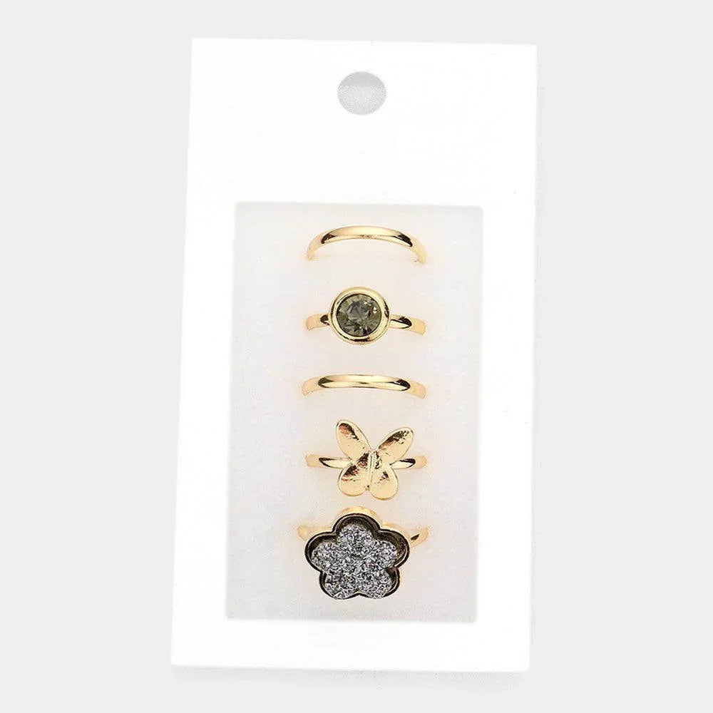 Hematite 5PCS Round Stone Metal Butterfly Druzy Flower Mixed Rings - Jewelry Store by Erik Rayo