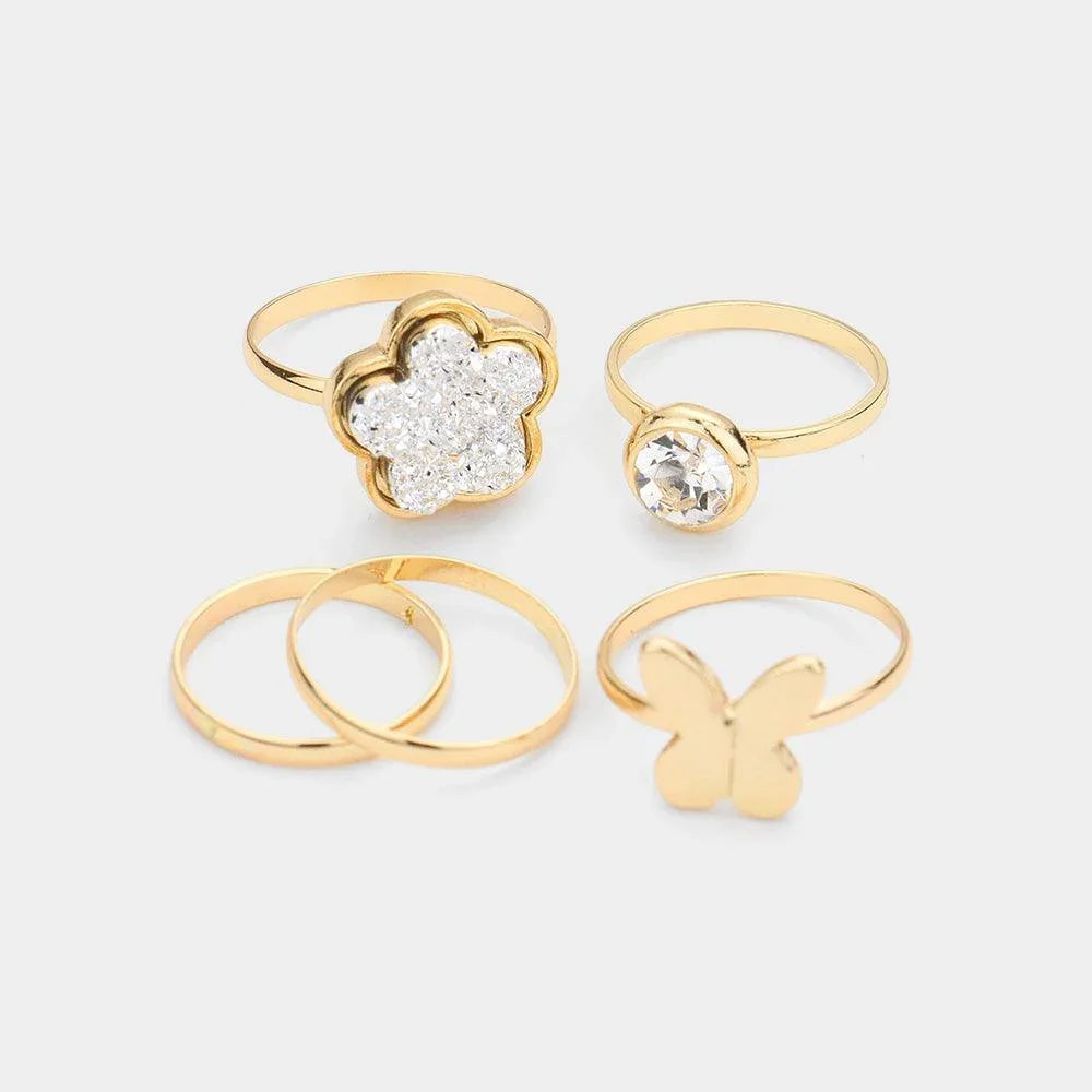 5PCS Round Stone Metal Butterfly Druzy Flower Mixed Rings - Jewelry Store by Erik Rayo