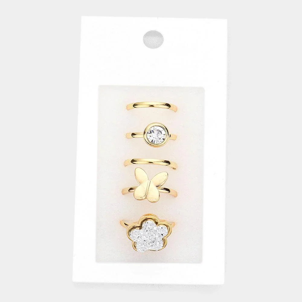 5PCS Round Stone Metal Butterfly Druzy Flower Mixed Rings - Jewelry Store by Erik Rayo