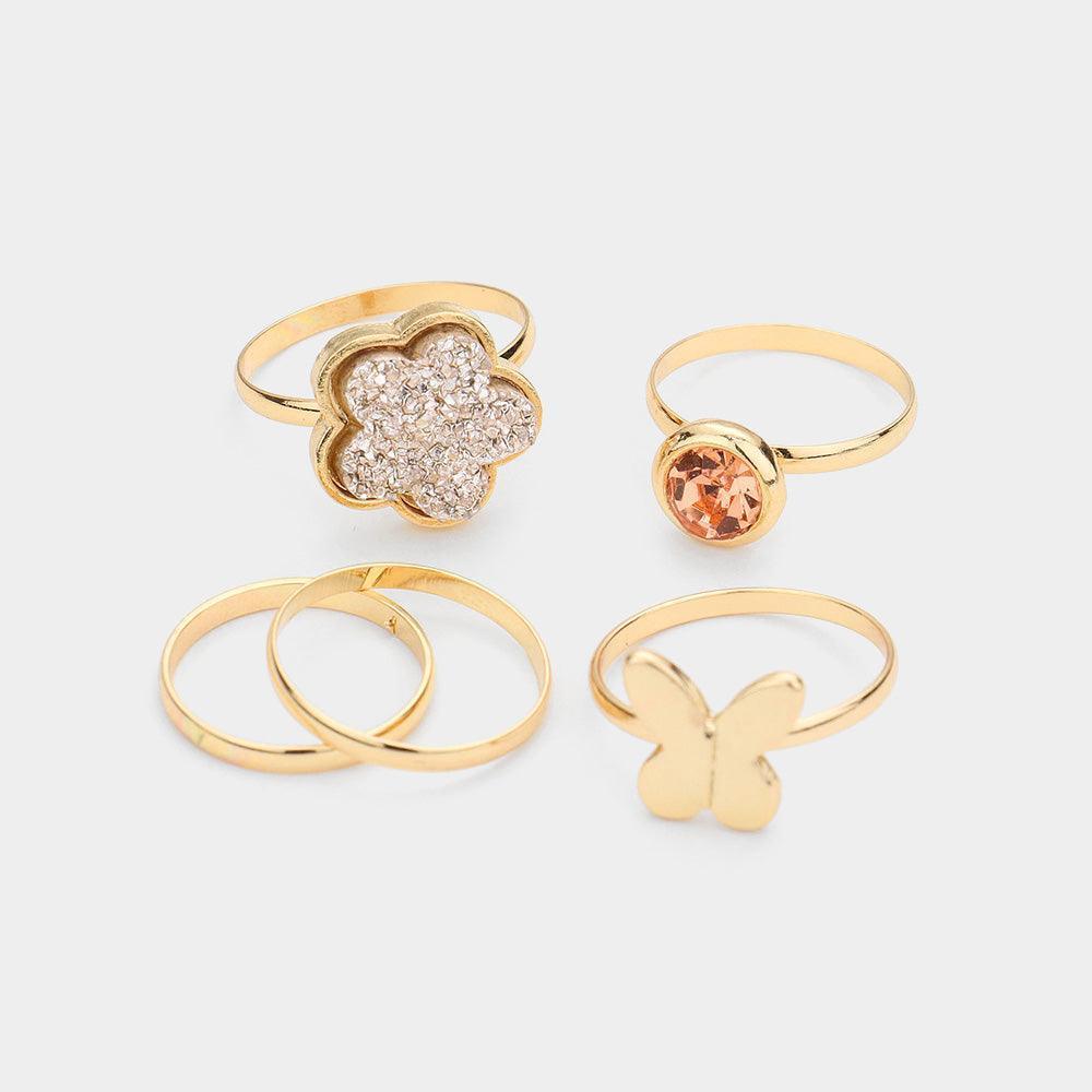 Rose Gold 5PCS Round Stone Metal Butterfly Druzy Flower Mixed Rings - Jewelry Store by Erik Rayo