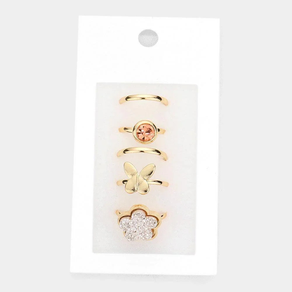Rose Gold 5PCS Round Stone Metal Butterfly Druzy Flower Mixed Rings - Jewelry Store by Erik Rayo