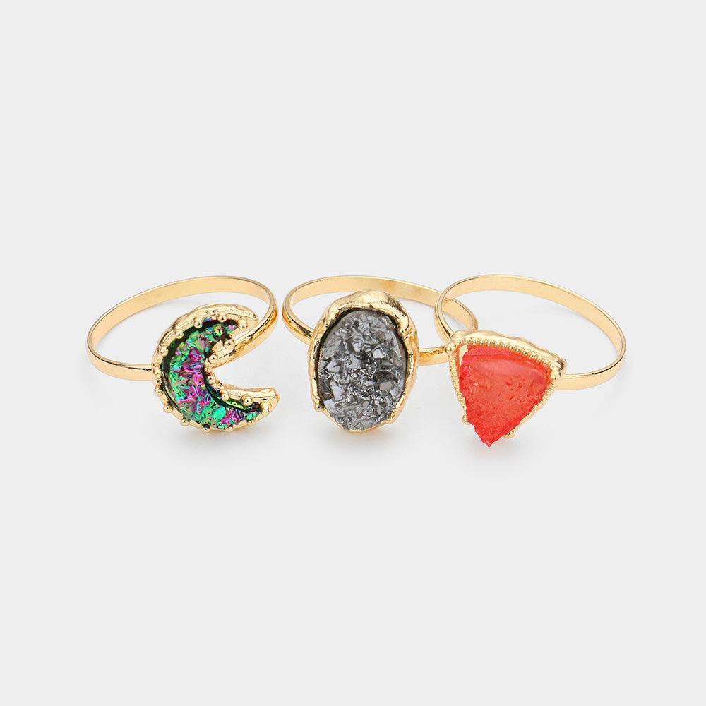 3PCS Geometric Druzy Crescent Moon Mixed Rings - Jewelry Store by Erik Rayo