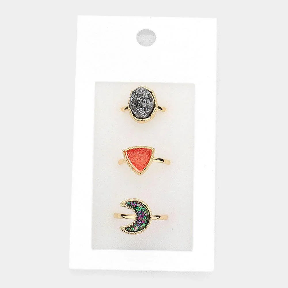 3PCS Geometric Druzy Crescent Moon Mixed Rings - Jewelry Store by Erik Rayo