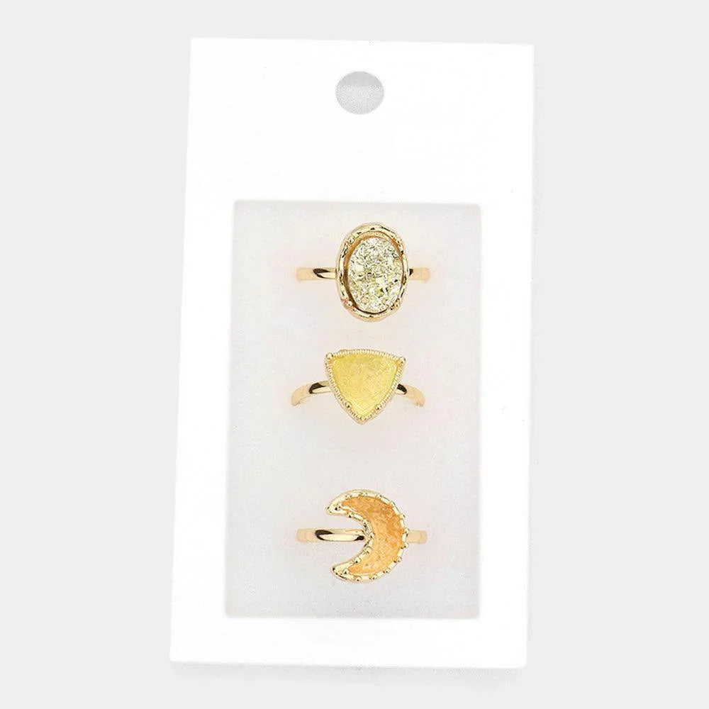 3PCS Geometric Druzy Crescent Moon Mixed Rings - Jewelry Store by Erik Rayo