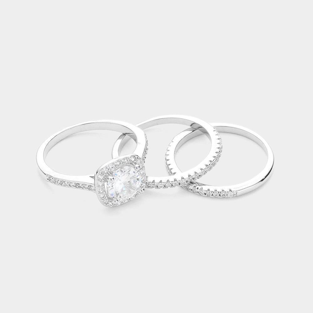 3PCS - Round Stone Accented Halo Ring and Wedding Bands - Jewelry Store by Erik Rayo