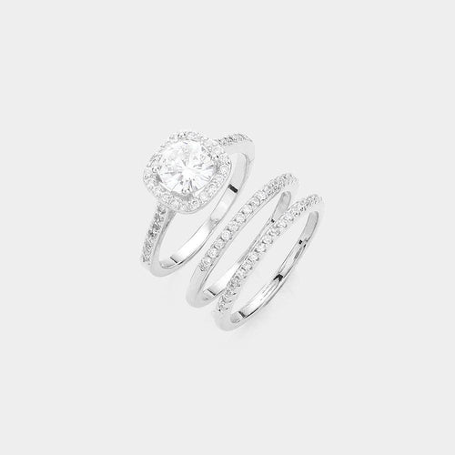 3PCS - Round Stone Accented Halo Ring and Wedding Bands - Jewelry Store by Erik Rayo