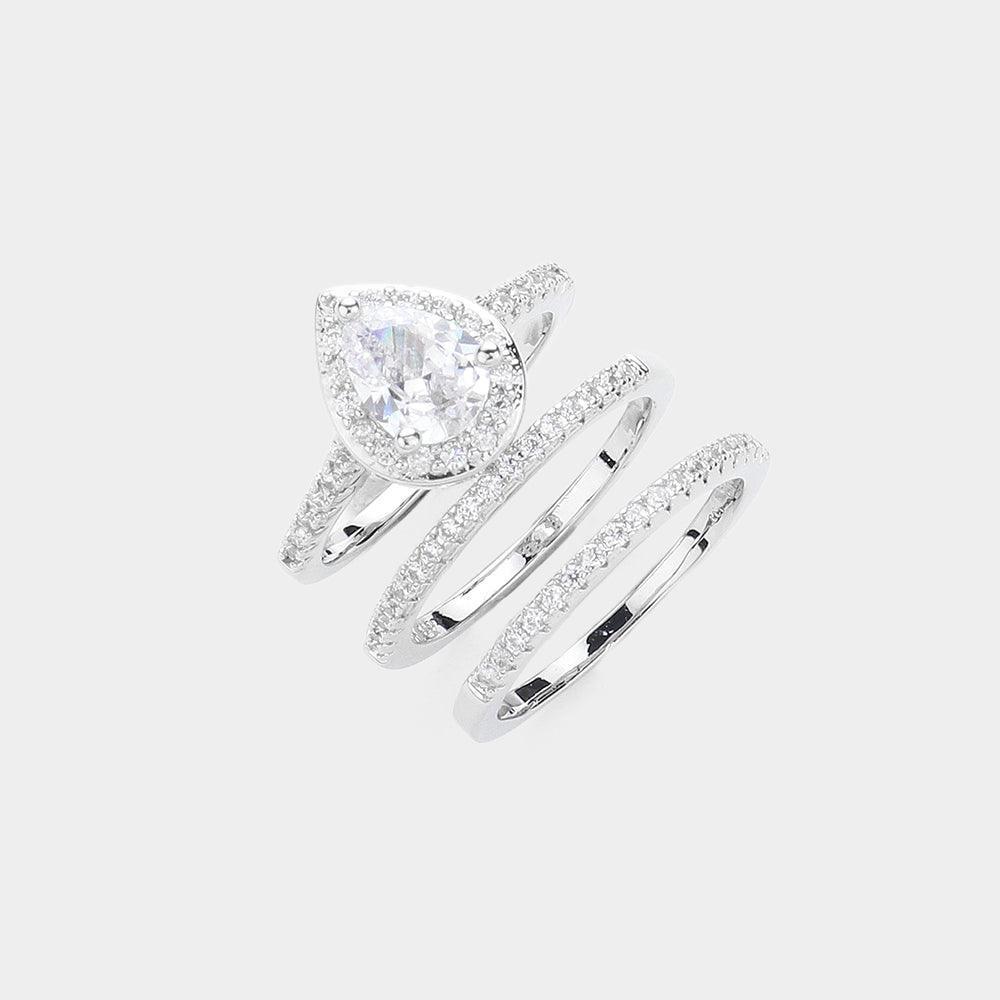 3PCS - Brass CZ Pearl Stone Accented Halo Ring and Wedding Bands - Jewelry Store by Erik Rayo