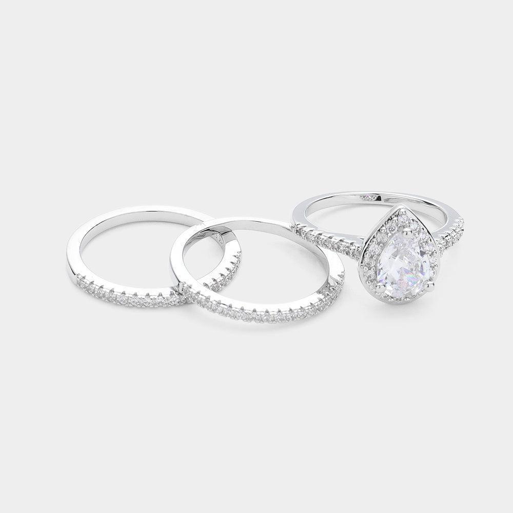 3PCS - Brass CZ Pearl Stone Accented Halo Ring and Wedding Bands - Jewelry Store by Erik Rayo