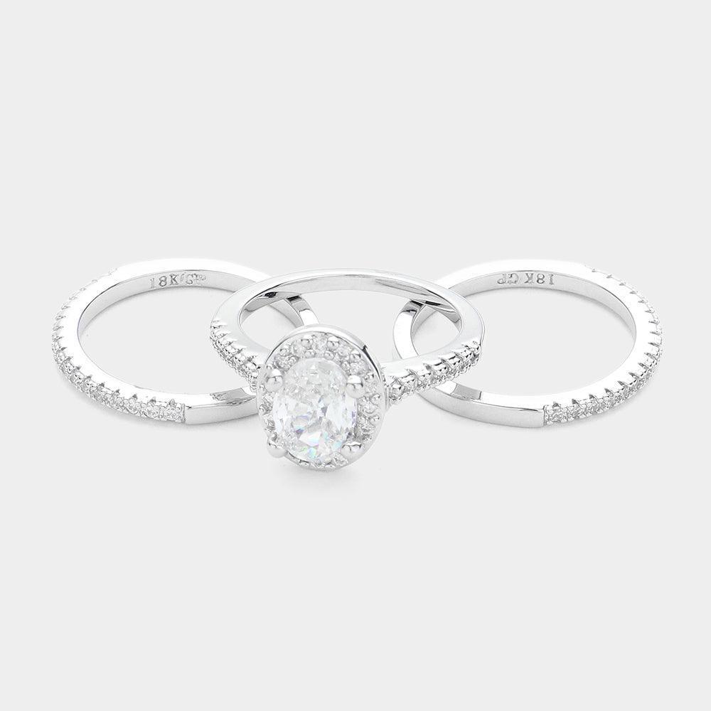 3PCS - Brass CZ Oval Stone Accented Halo Ring and Wedding Bands - Jewelry Store by Erik Rayo