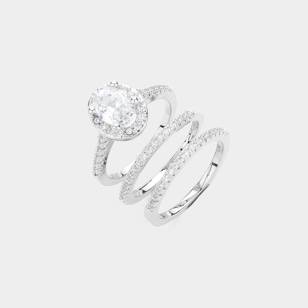 3PCS - Brass CZ Oval Stone Accented Halo Ring and Wedding Bands - Jewelry Store by Erik Rayo