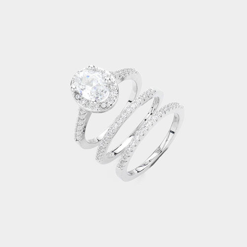 3PCS - Brass CZ Oval Stone Accented Halo Ring and Wedding Bands - Jewelry Store by Erik Rayo
