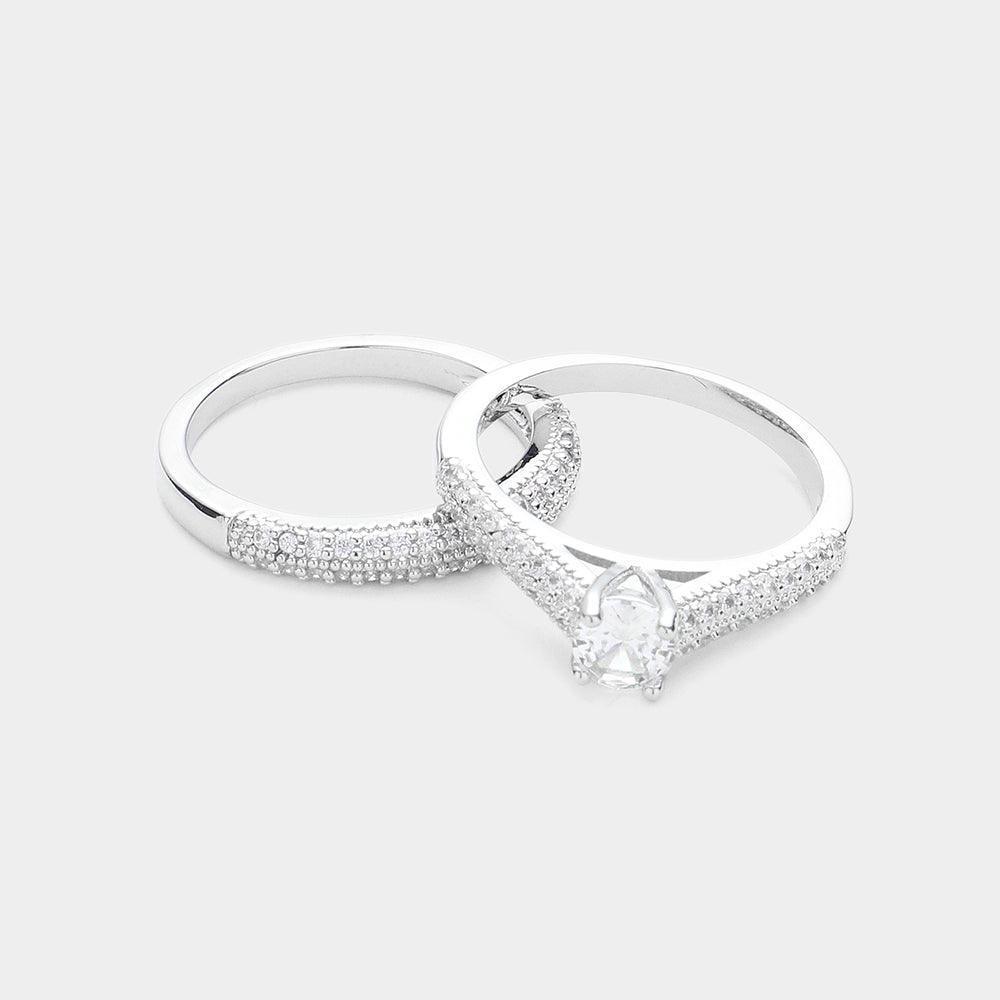 2PCS - Brass CZ Round Stone Cushion Accented Halo Ring and Wedding Bands - Jewelry Store by Erik Rayo