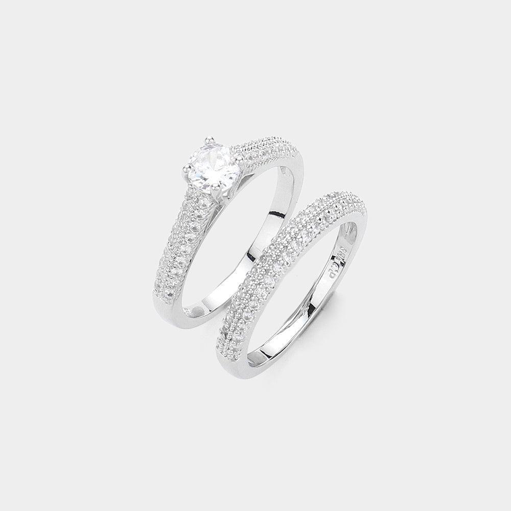 2PCS - Brass CZ Round Stone Cushion Accented Halo Ring and Wedding Bands - Jewelry Store by Erik Rayo