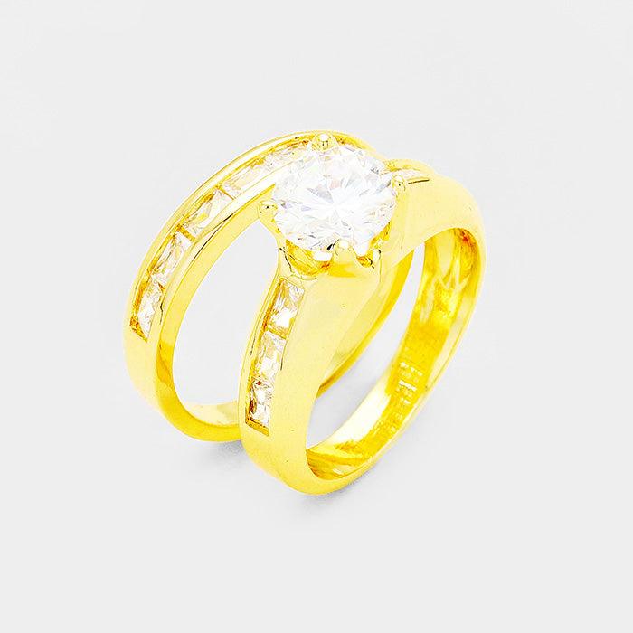 Gold 2PCS Gold Plated CZ Round Stone Detail Ring