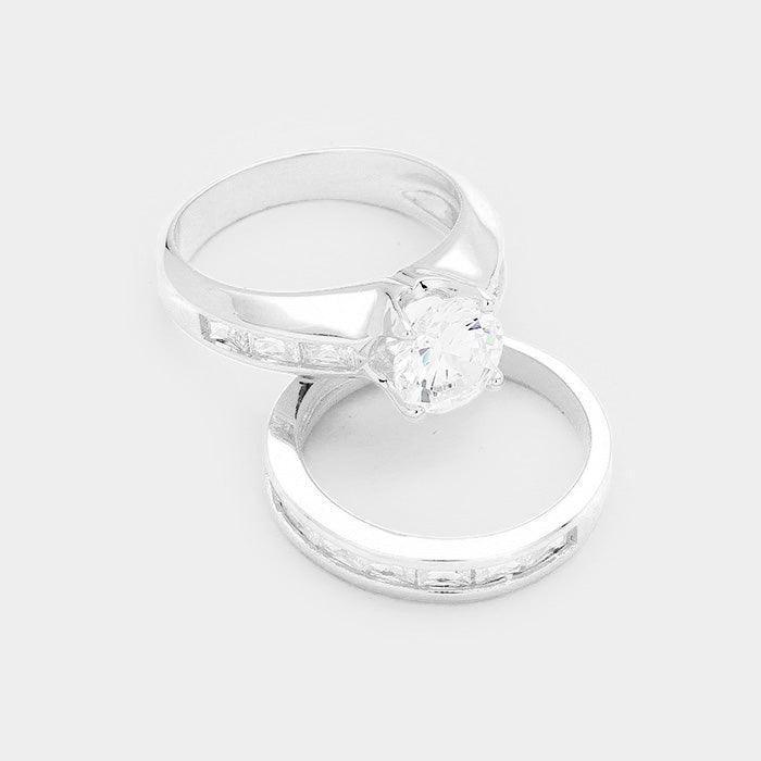 Clear 2PCS Rhodium Plated CZ Round Stone Detail Ring - Jewelry Store by Erik Rayo