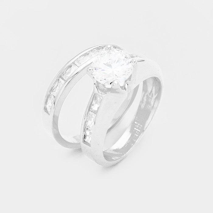 Clear 2PCS Rhodium Plated CZ Round Stone Detail Ring