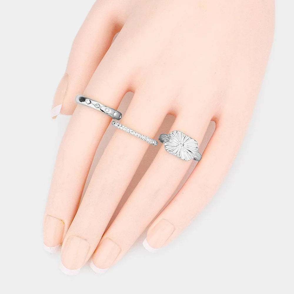 3PCS Rectangle Rhinestone Embellished Metal Band Mixed Rings - Jewelry Store by Erik Rayo