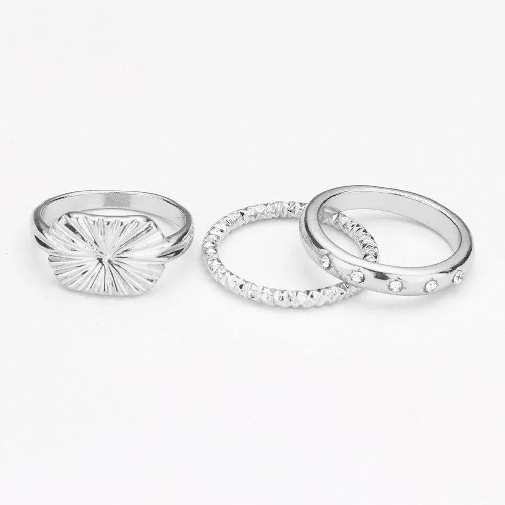 3PCS Rectangle Rhinestone Embellished Metal Band Mixed Rings - Jewelry Store by Erik Rayo