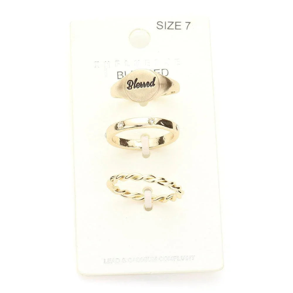 Gold 3PCS Blessed Rhinestone Embellished Metal Mixed Ring Set - Jewelry Store by Erik Rayo