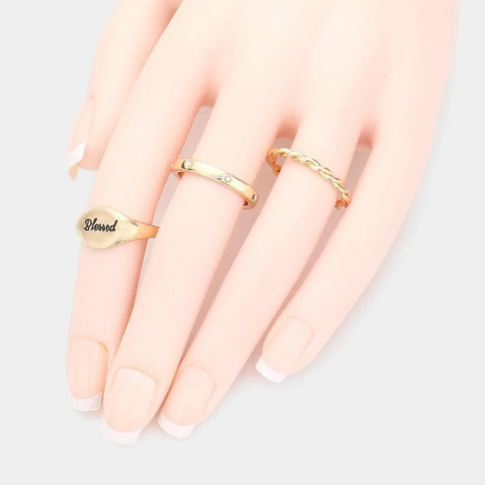 Gold 3PCS Blessed Rhinestone Embellished Metal Mixed Ring Set - Jewelry Store by Erik Rayo