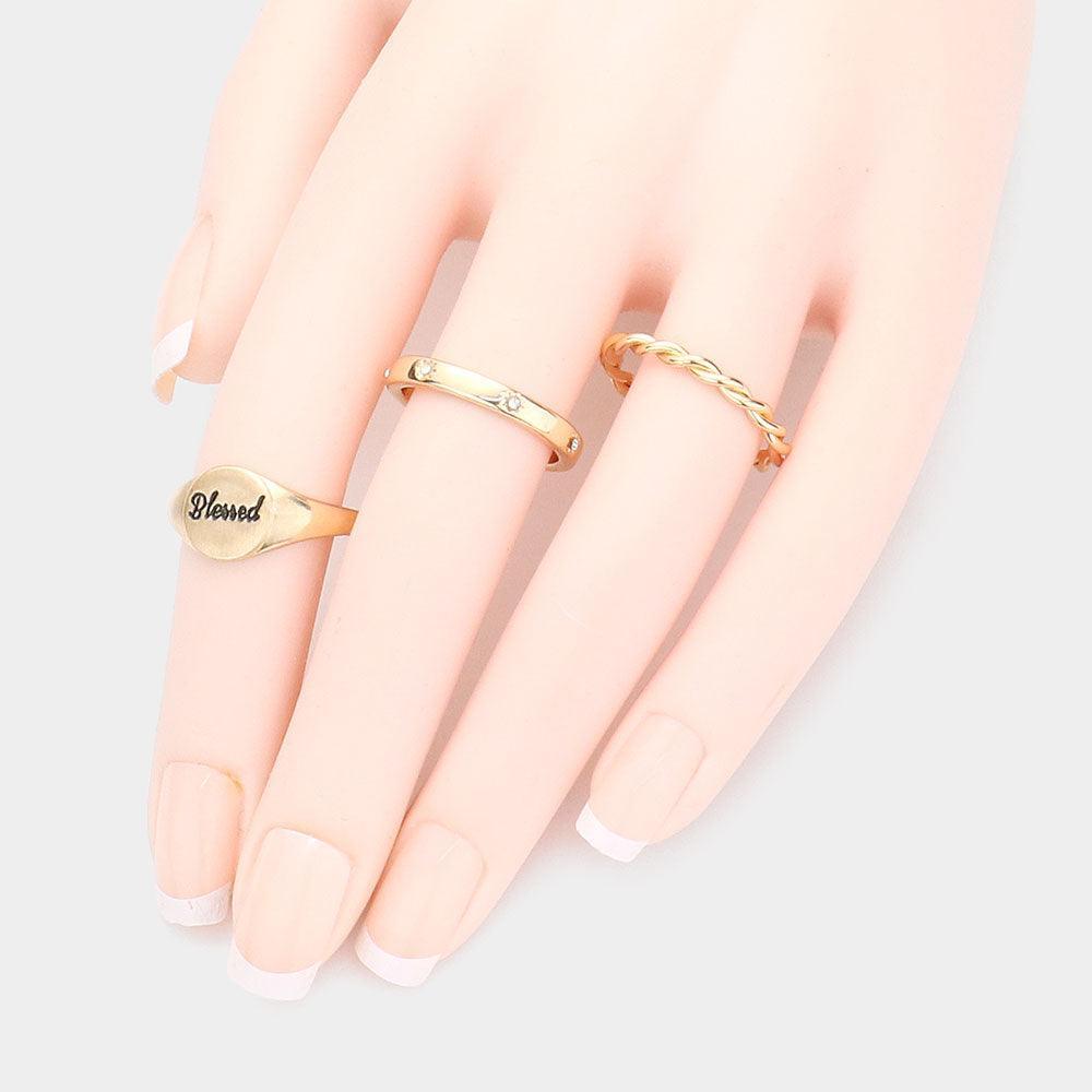 Gold 3PCS  Blessed Rhinestone Embellished Metal Mixed Ring Set