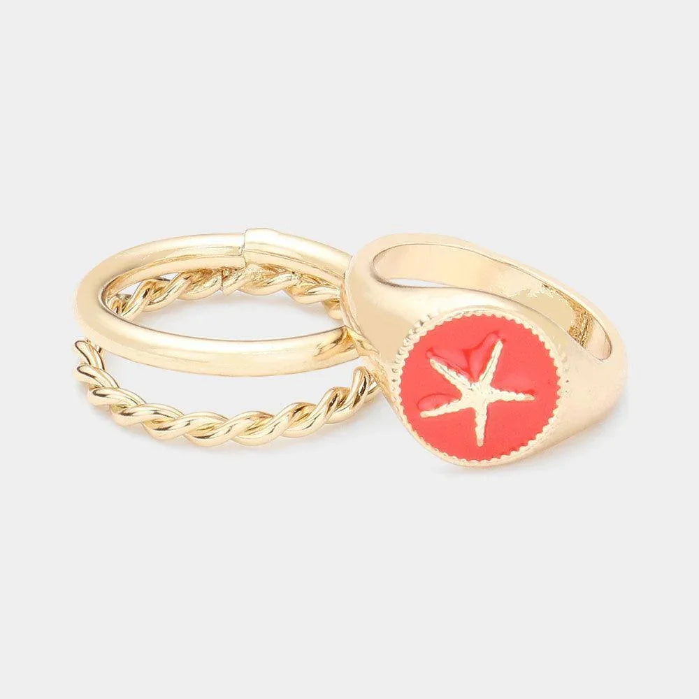 2PCS Starfish Accented Enamel Round Split Metal Mixed Ring Set - Jewelry Store by Erik Rayo