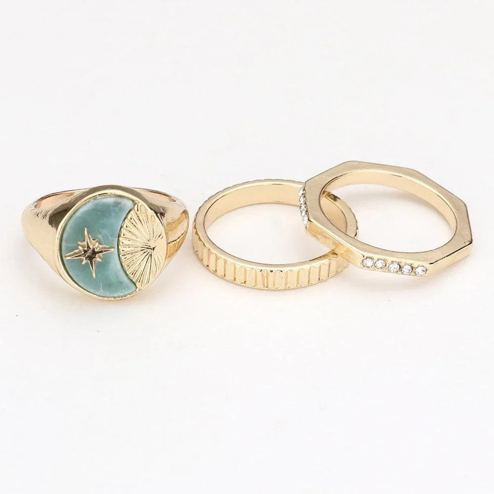 3PCS Semi Precious Crescent Moon Star RhinestoneMixed Rings - Jewelry Store by Erik Rayo