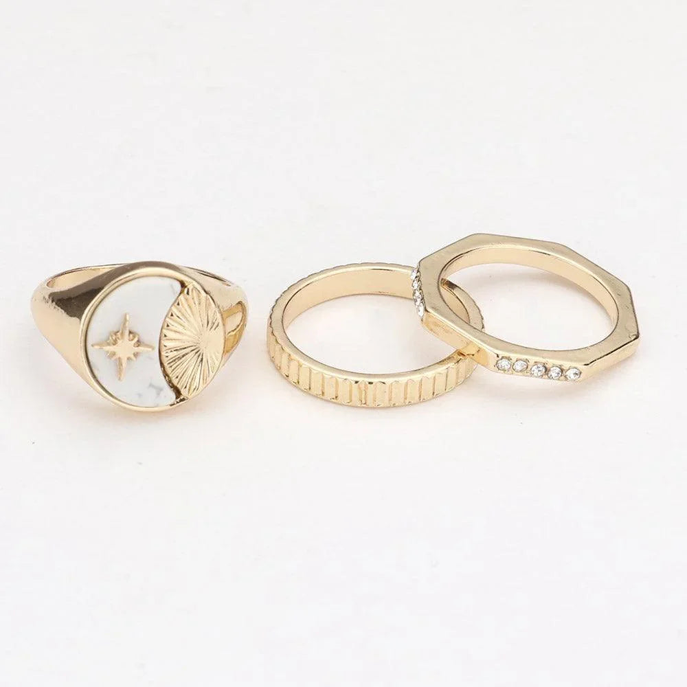 3PCS Semi Precious Crescent Moon Star RhinestoneMixed Rings - Jewelry Store by Erik Rayo