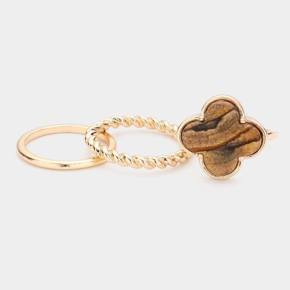 Brown 3PCS - Semi Precious Quatrefoil Metal Band Mixed Rings - Jewelry Store by Erik Rayo