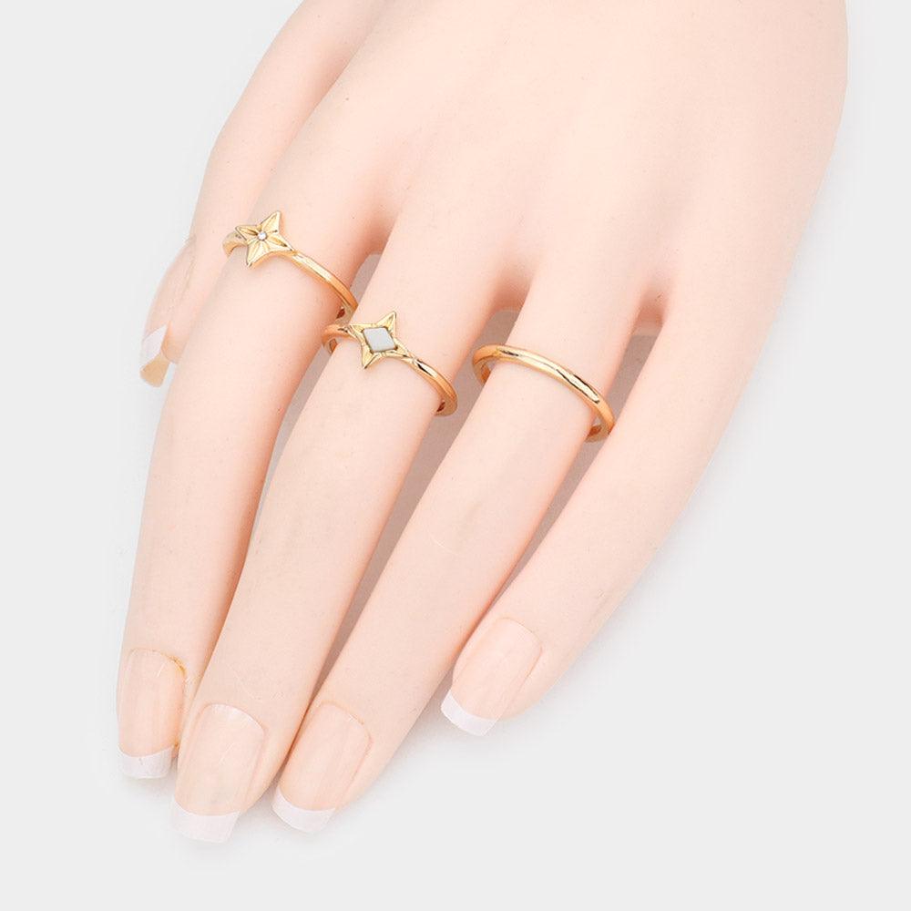 3PCS Semi Precious Rhinestone Embellished Metal Band Mixed Rings - Jewelry Store by Erik Rayo
