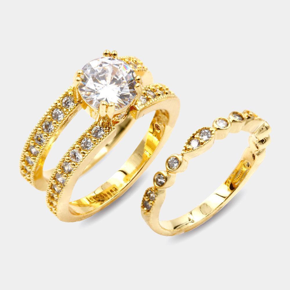 Gold 2PCS Gold Plated CZ Round Accented Metal Band Rings - Jewelry Store by Erik Rayo