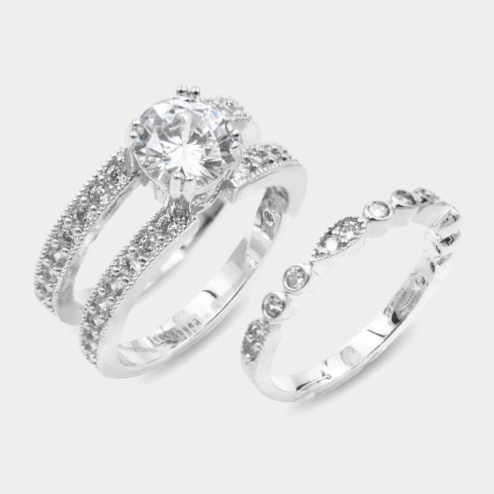 Silver 2PCS Rhodium Plated CZ Round Accented Metal Band Rings - Jewelry Store by Erik Rayo
