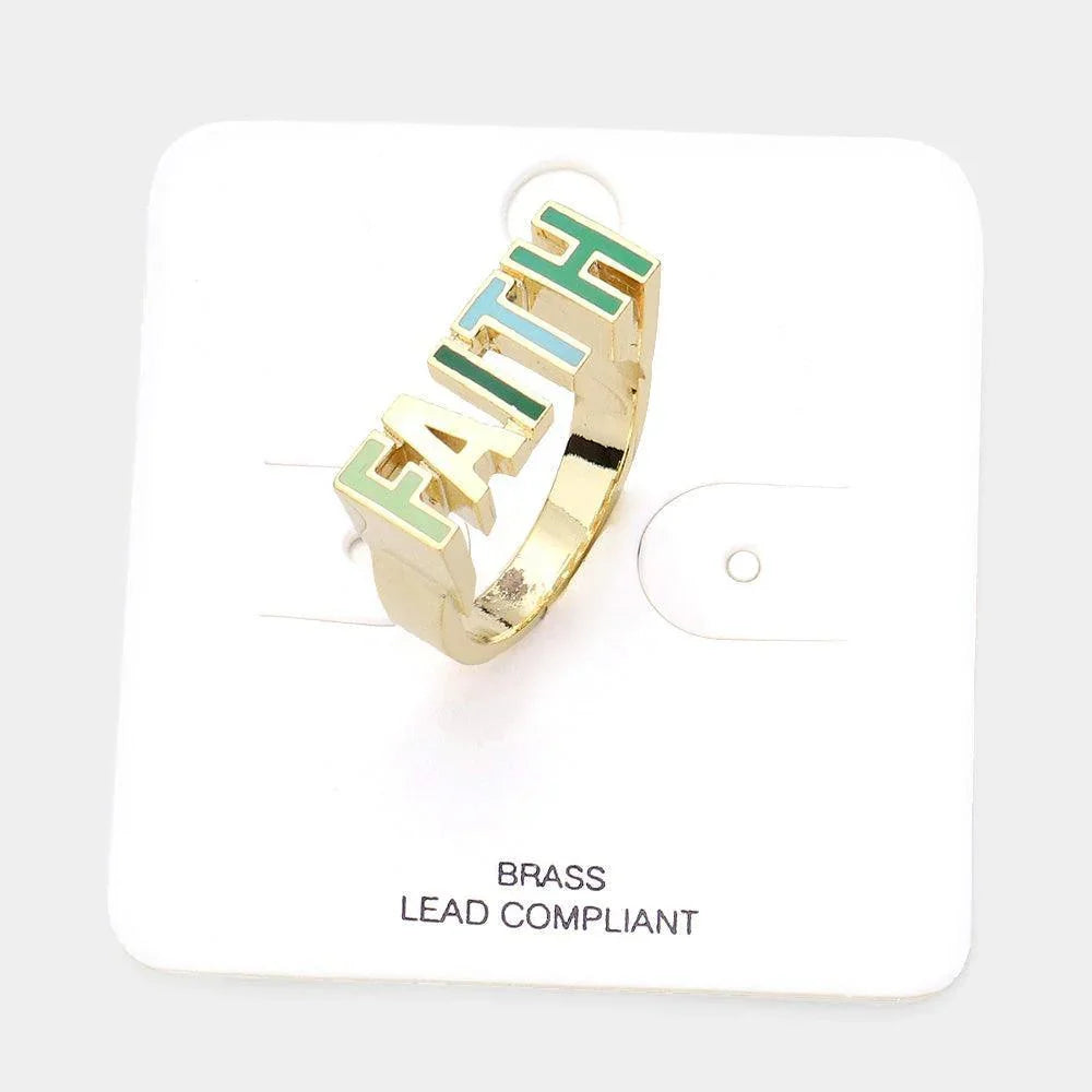 Gold FAITH Enamel Brass Metal Message Ring - Jewelry Store by Erik Rayo