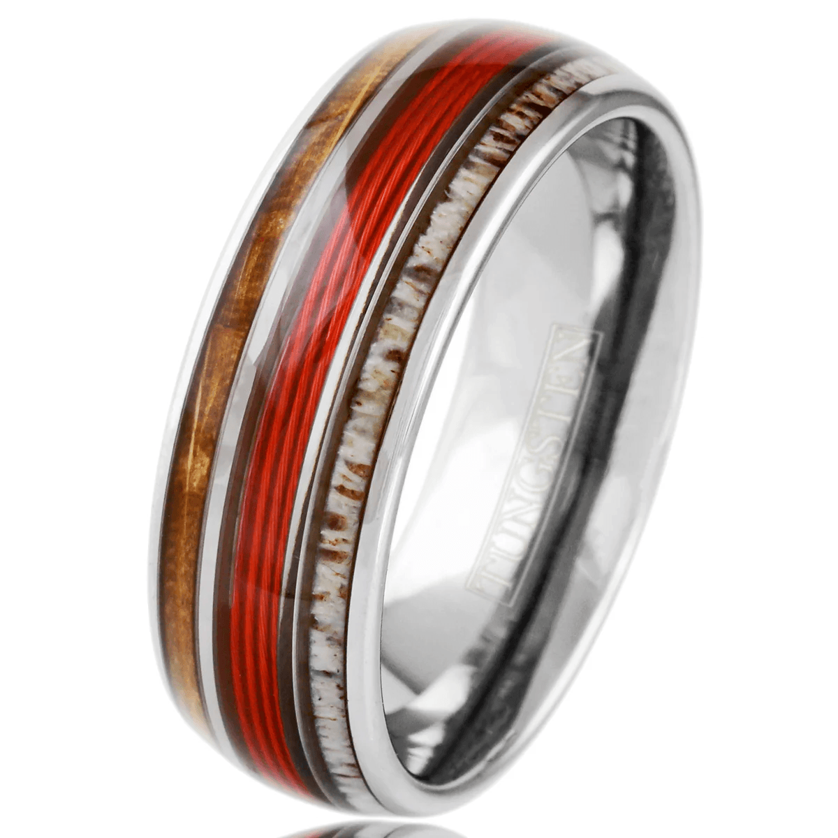 Red Fishing Line Wedding Band Ring for Men Black Tungsten Carbide Whiskey Barrel Oak Wood and Deer Antler Inlays - Jewelry Store by Erik Rayo