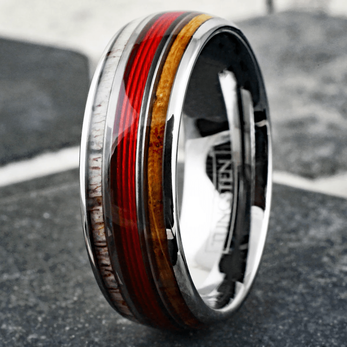 Red Fishing Line Wedding Band Ring for Men Black Tungsten Carbide Whiskey Barrel Oak Wood and Deer Antler Inlays - Jewelry Store by Erik Rayo