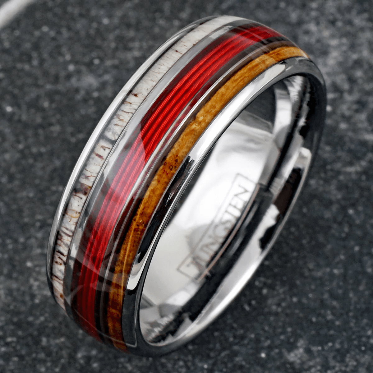 Red Fishing Line Wedding Band Ring for Men Black Tungsten Carbide Whiskey Barrel Oak Wood and Deer Antler Inlays - Jewelry Store by Erik Rayo