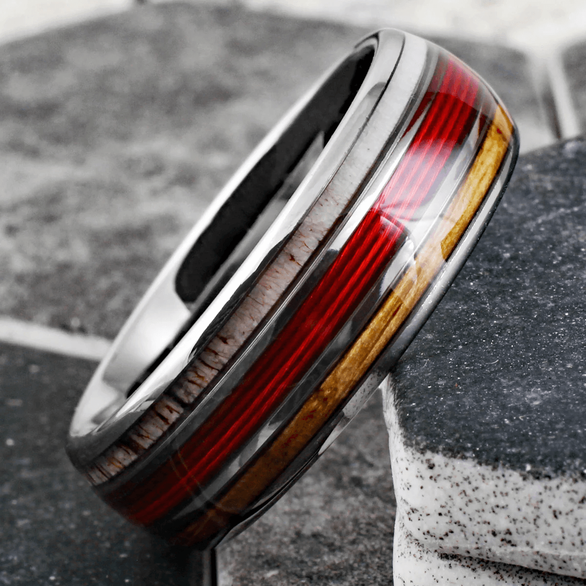 Red Fishing Line Wedding Band Ring for Men Black Tungsten Carbide Whiskey Barrel Oak Wood and Deer Antler Inlays - Jewelry Store by Erik Rayo
