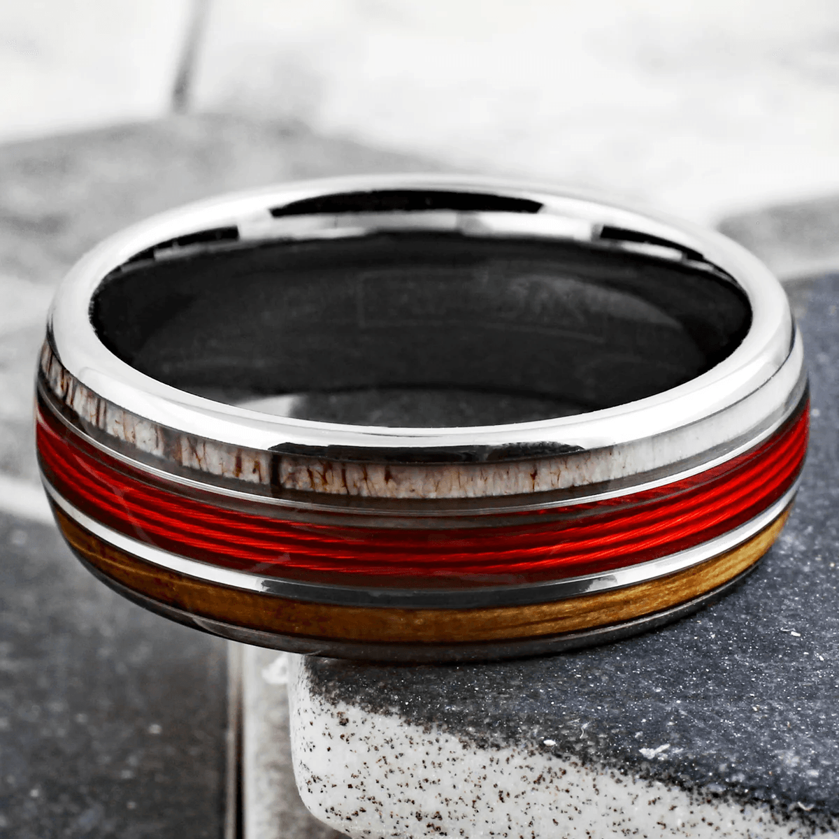 Red Fishing Line Wedding Band Ring for Men Black Tungsten Carbide Whiskey Barrel Oak Wood and Deer Antler Inlays - Jewelry Store by Erik Rayo
