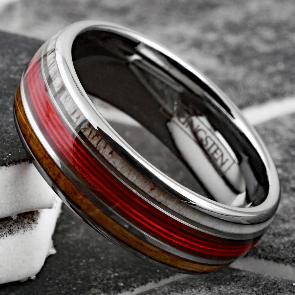 Red Fishing Line Wedding Band Ring for Men Black Tungsten Carbide Whiskey Barrel Oak Wood and Deer Antler Inlays - Jewelry Store by Erik Rayo