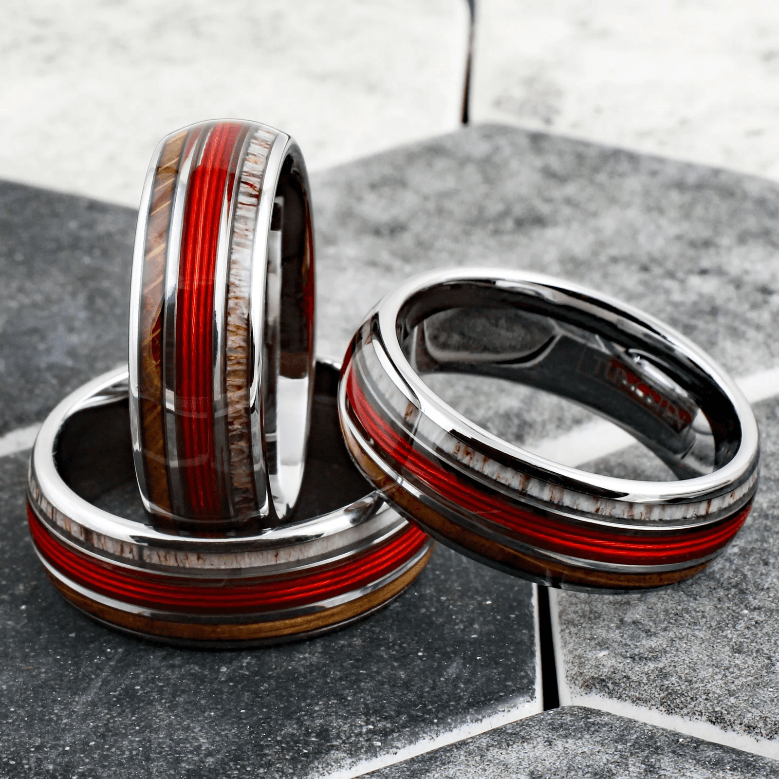 Red Fishing Line Wedding Band Ring for Men Black Tungsten Carbide Whiskey Barrel Oak Wood and Deer Antler Inlays - Jewelry Store by Erik Rayo
