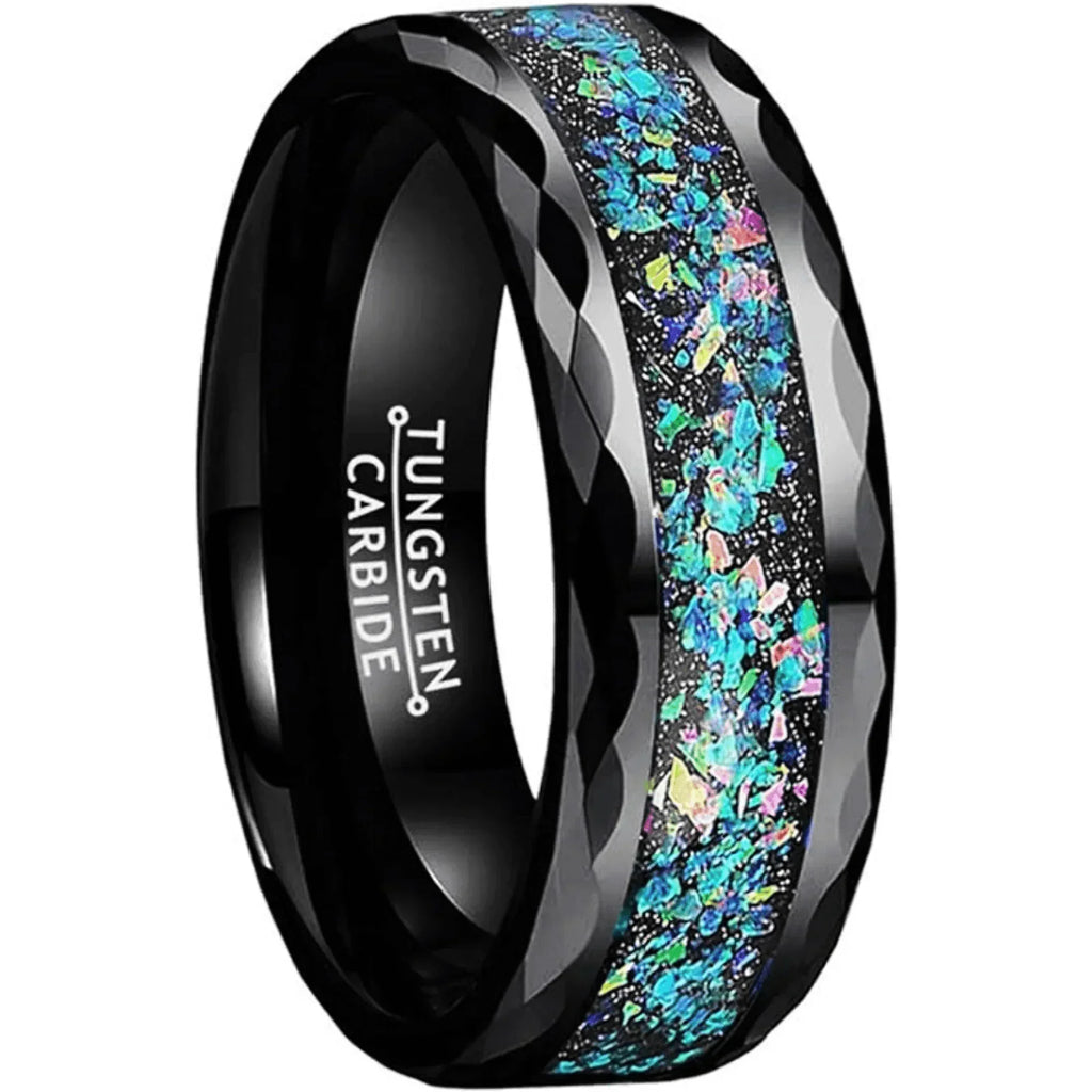 Men's Wedding Band Ring - Black Opal Stripe Celestial Galaxy Multi-Faceted Edge - Wedding Rings for Men and Women - Jewelry Store by Erik Rayo