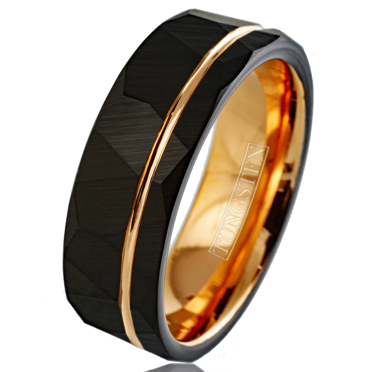 Two-Tone Wedding Band Ring for Men Black Tungsten Carbide Rose Gold Inner Band & Off-Center Recessed Rose Gold Stripe - Jewelry Store by Erik Rayo