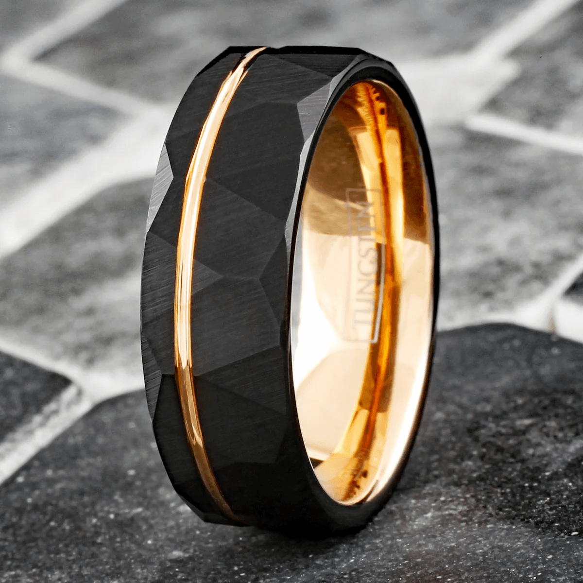 Two-Tone Wedding Band Ring for Men Black Tungsten Carbide Rose Gold Inner Band & Off-Center Recessed Rose Gold Stripe - Jewelry Store by Erik Rayo