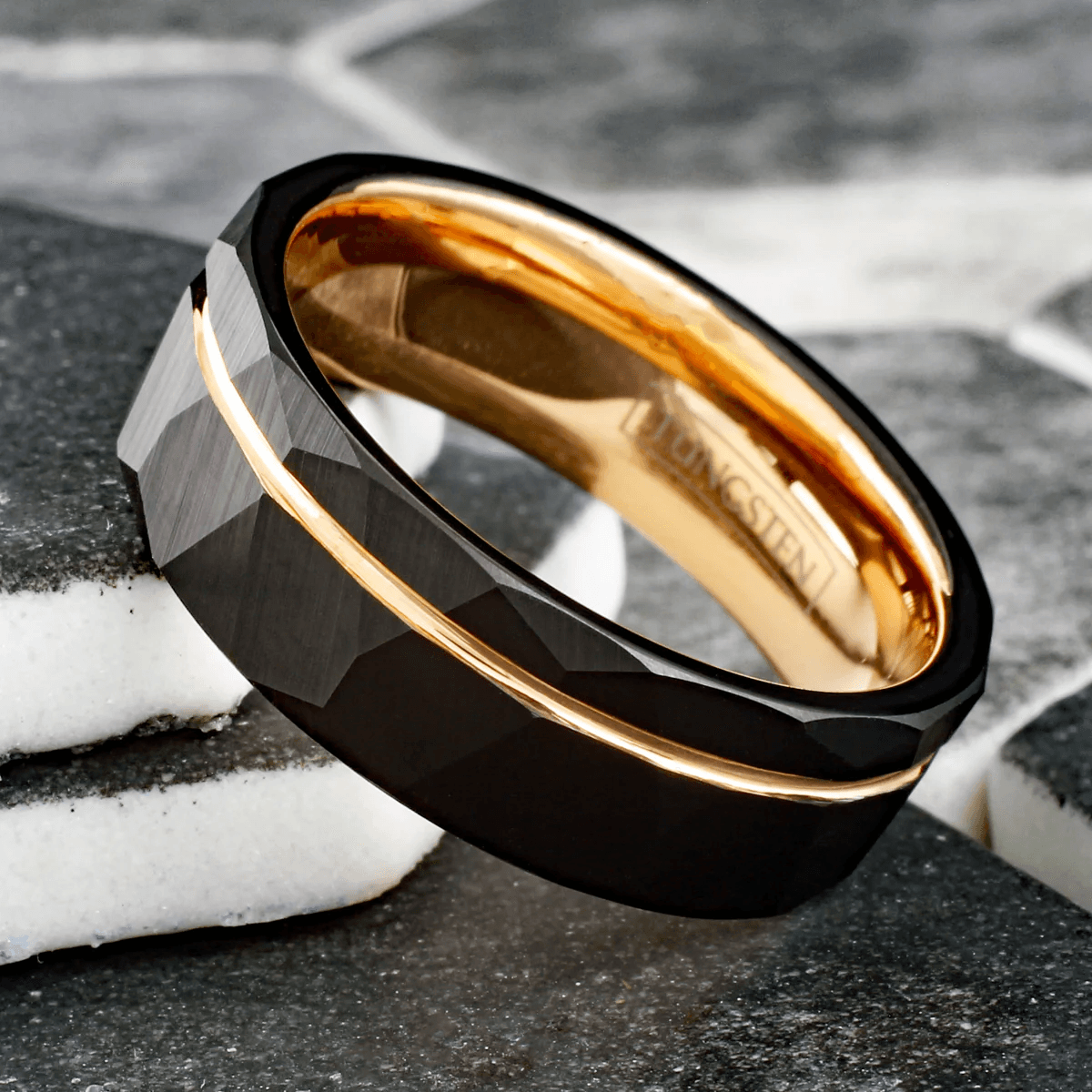 Two-Tone Wedding Band Ring for Men Black Tungsten Carbide Rose Gold Inner Band & Off-Center Recessed Rose Gold Stripe - Jewelry Store by Erik Rayo
