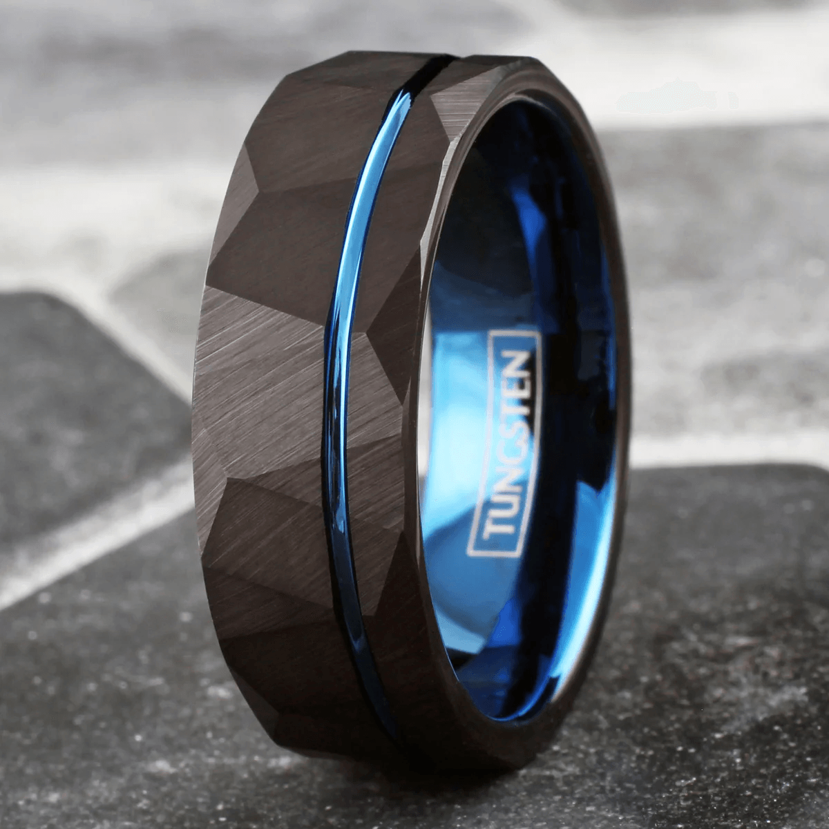 Black Rock Tungsten Carbide Wedding Band Ring for Men & Women – Blue Inner Band & Recessed Blue Stripe - Jewelry Store by Erik Rayo