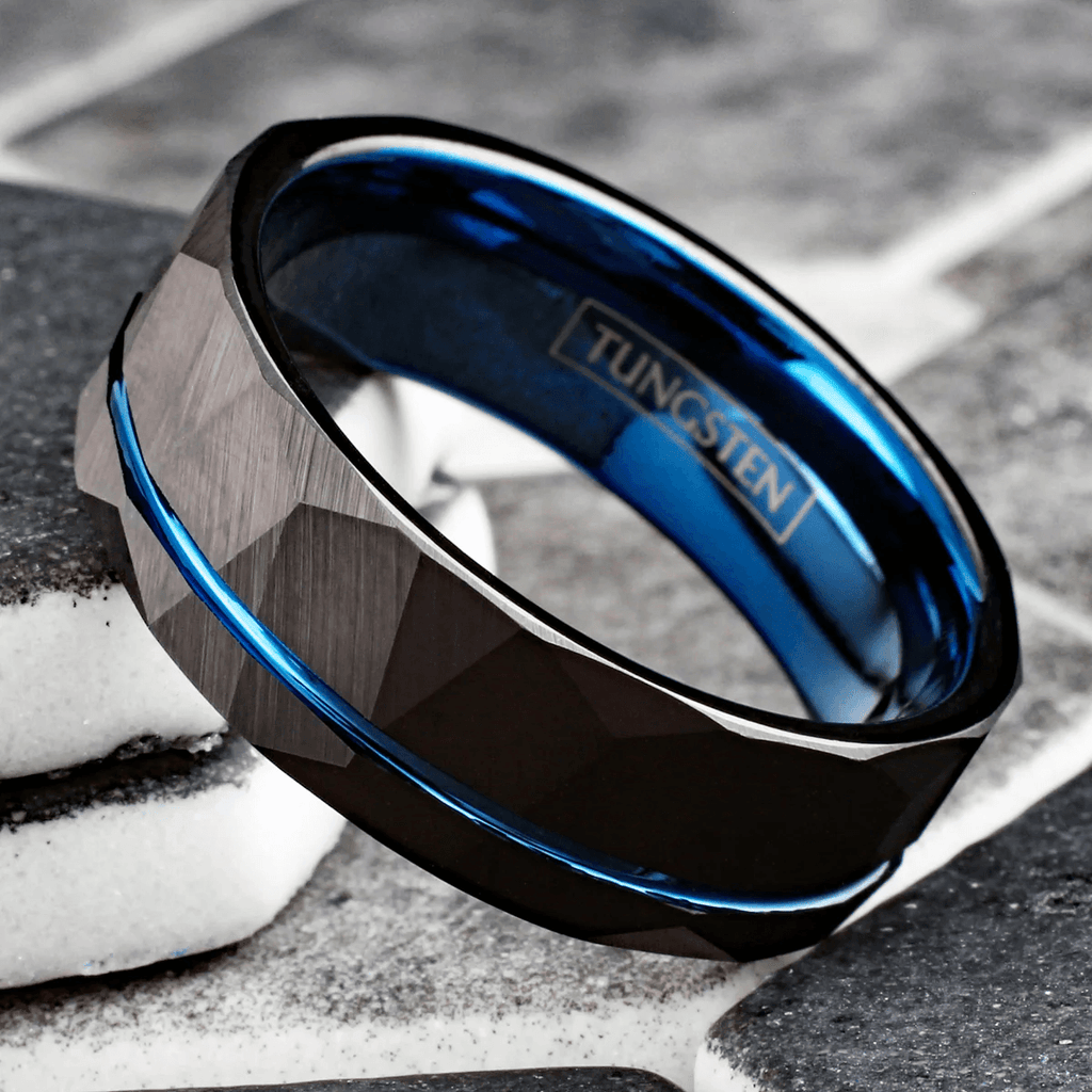 Black Rock Tungsten Carbide Wedding Band Ring for Men & Women – Blue Inner Band & Recessed Blue Stripe - Jewelry Store by Erik Rayo