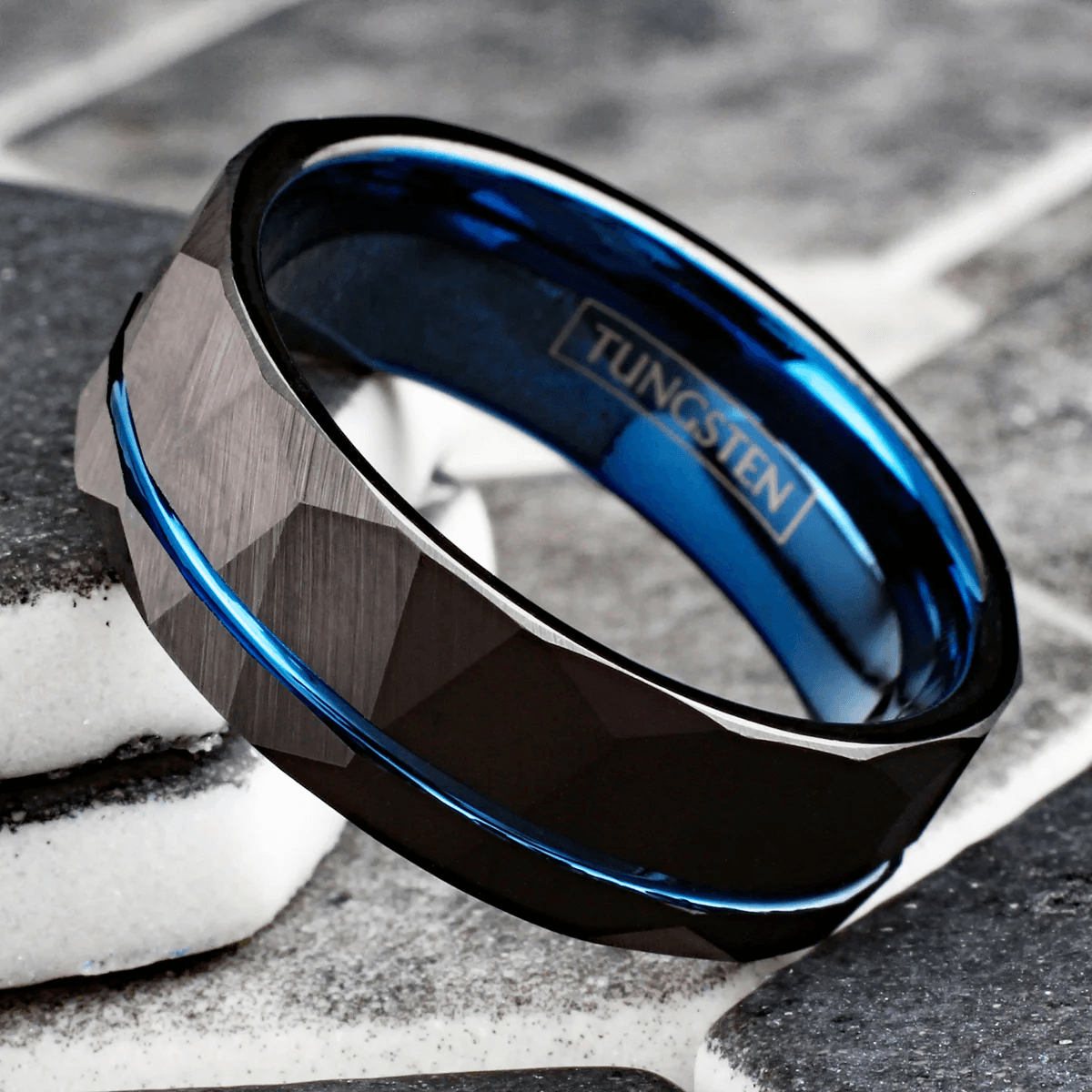 Black Rock Tungsten Carbide Wedding Band Ring for Men & Women – Blue Inner Band & Recessed Blue Stripe - Jewelry Store by Erik Rayo