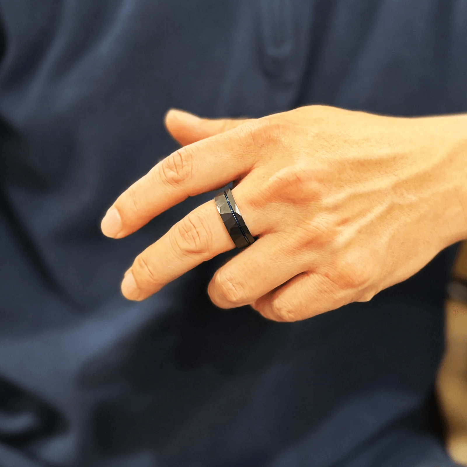 Black Rock Tungsten Carbide Wedding Band Ring for Men & Women – Blue Inner Band & Recessed Blue Stripe - Jewelry Store by Erik Rayo