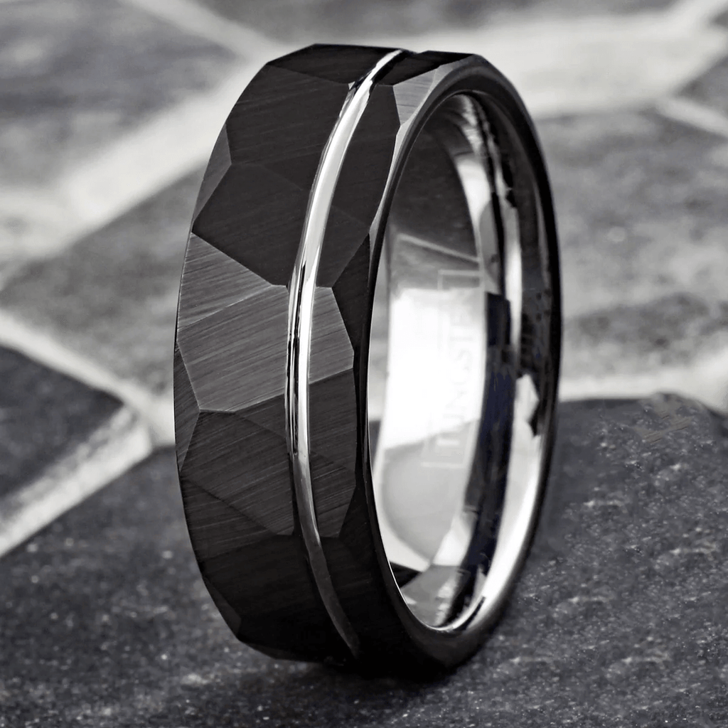 Two-Tone Tungsten Carbide Wedding Band Ring for Men & Women – Black & Silver Inner Band with Recessed Stripe - Jewelry Store by Erik Rayo